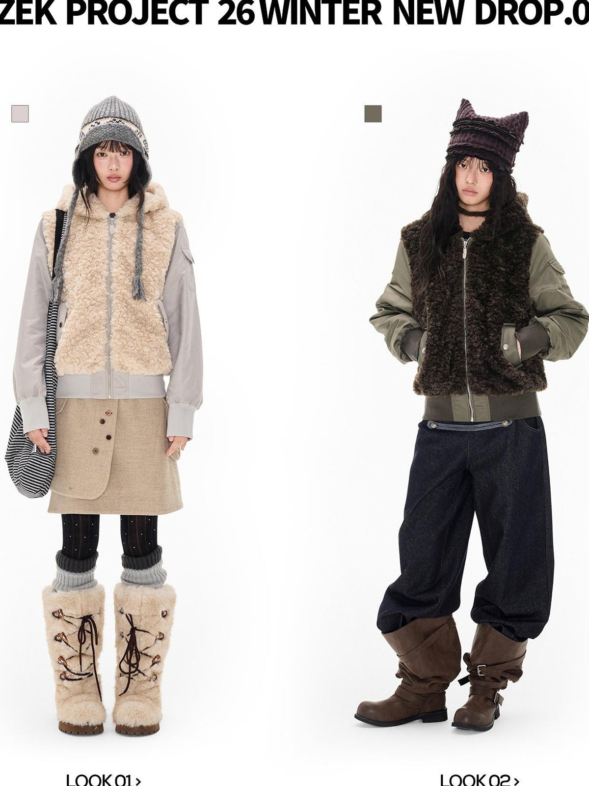 EZEK Faux Fur Spliced Two Piece Look Zip Up Loose Warm Women's Fleece Jackets