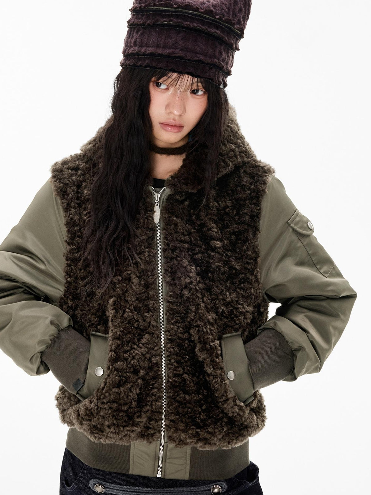 EZEK Faux Fur Spliced Two Piece Look Zip Up Loose Warm Women's Fleece Jackets