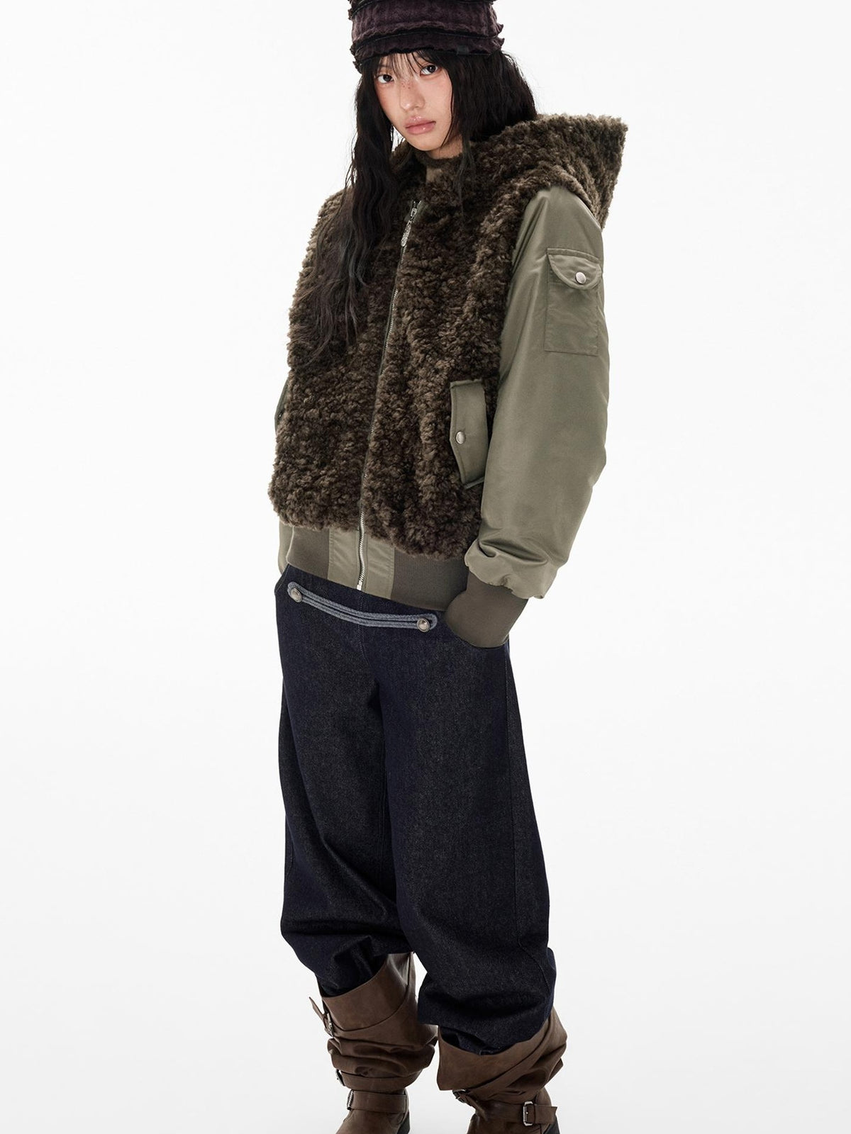 EZEK Faux Fur Spliced Two Piece Look Zip Up Loose Warm Women's Fleece Jackets