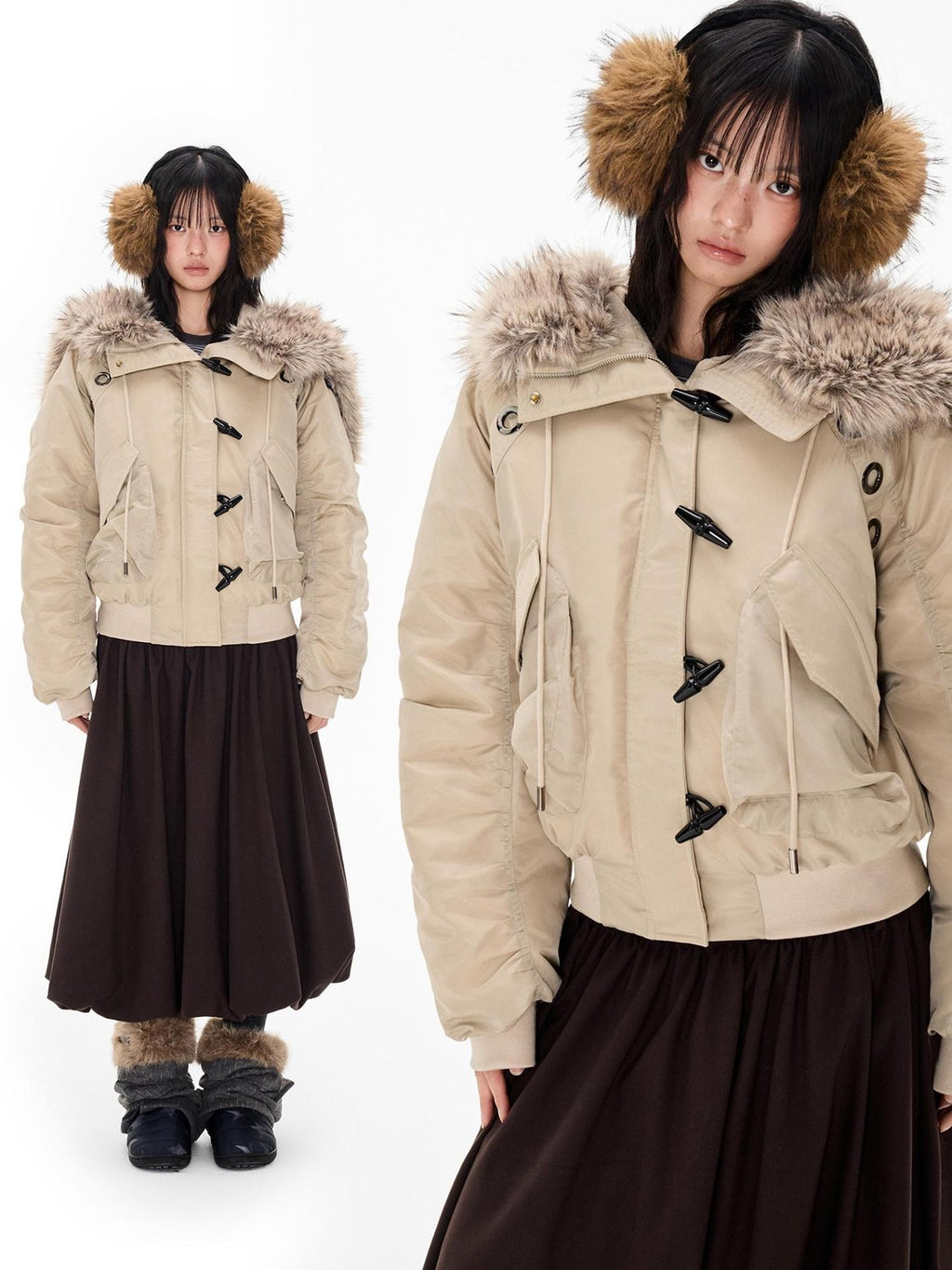 EZEK Faux Fur Trim Hooded Cropped 90 White Duck Down Women's Nylon Down Jackets