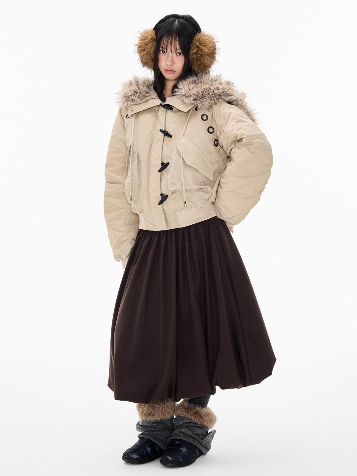 EZEK Faux Fur Trim Hooded Cropped 90 White Duck Down Women's Nylon Down Jackets