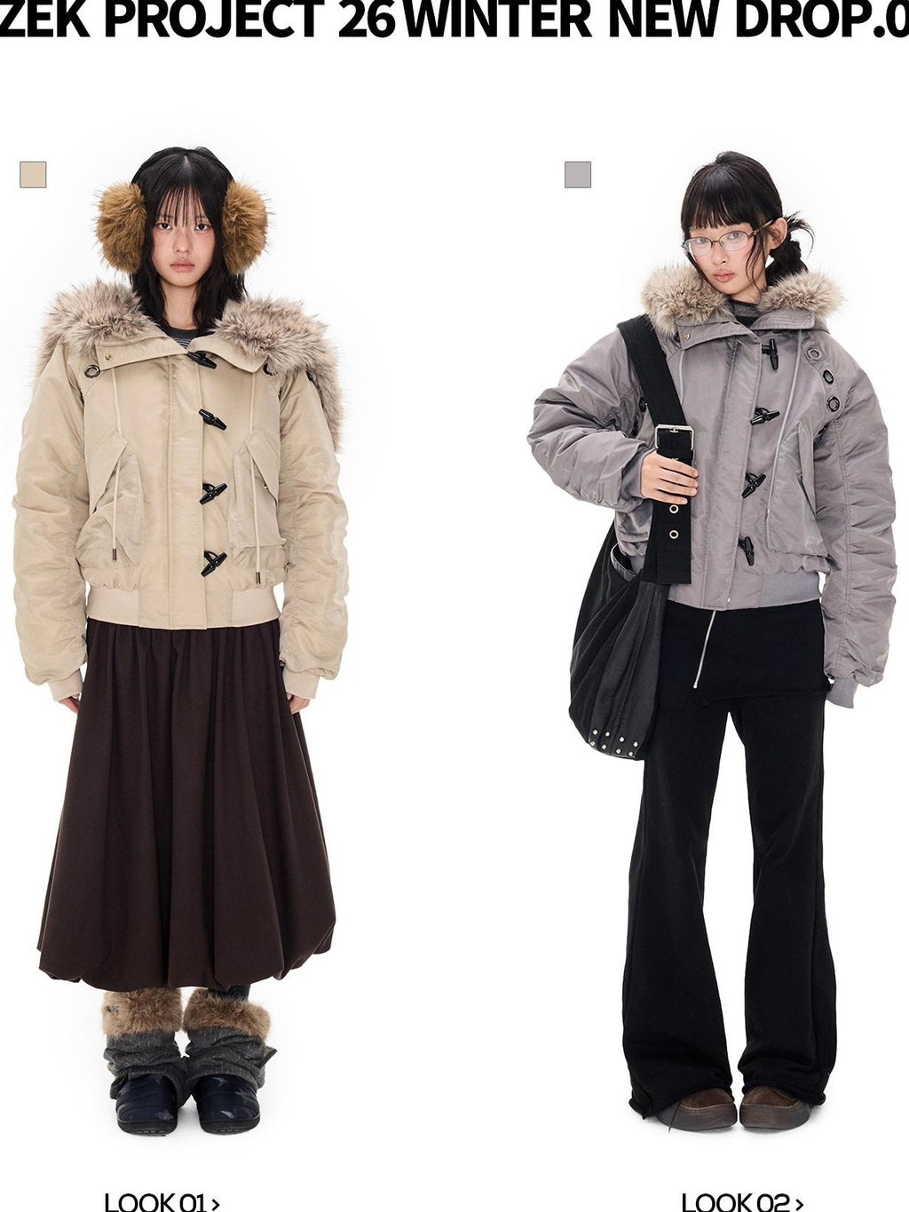 EZEK Faux Fur Trim Hooded Cropped 90 White Duck Down Women's Nylon Down Jackets