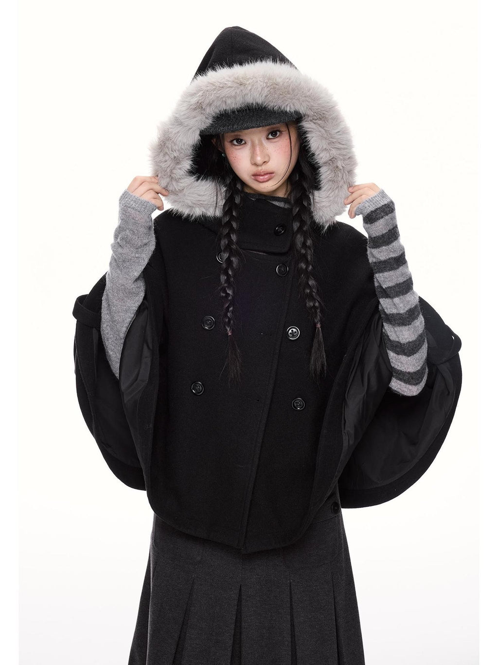 EZEK Faux Fur Trim Hooded Double Breasted Cape Women's Wool Coats