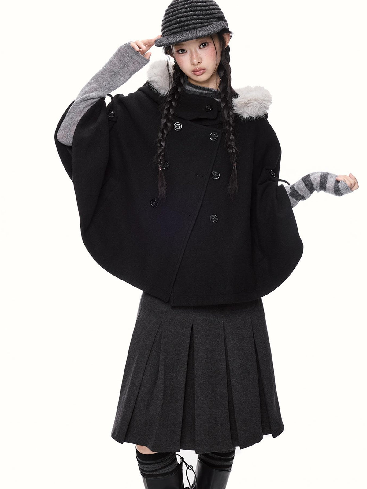 EZEK Faux Fur Trim Hooded Double Breasted Cape Women's Wool Coats