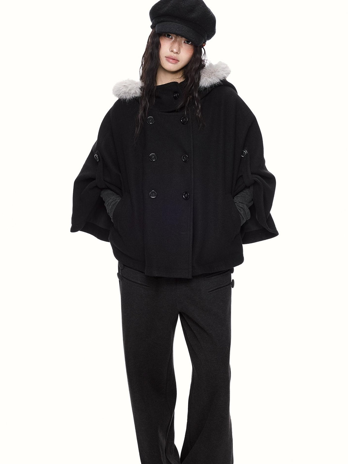 EZEK Faux Fur Trim Hooded Double Breasted Cape Women's Wool Coats