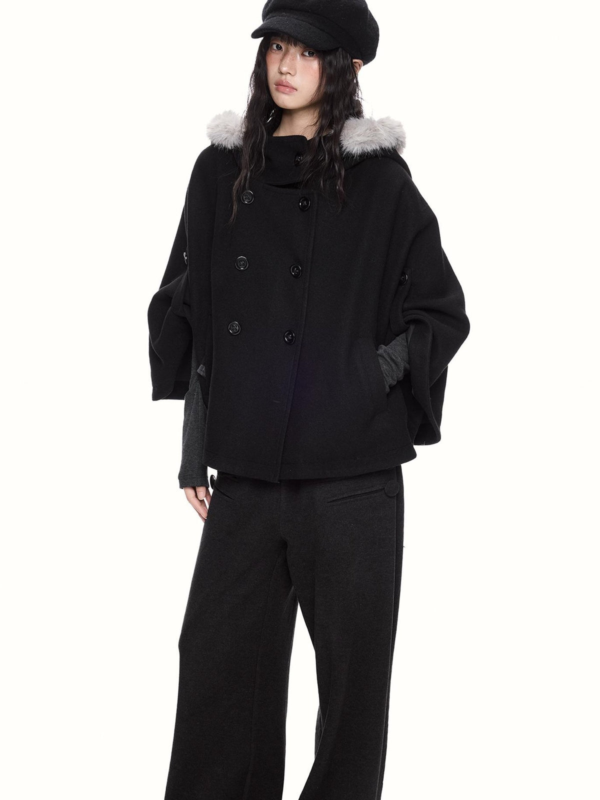 EZEK Faux Fur Trim Hooded Double Breasted Cape Women's Wool Coats