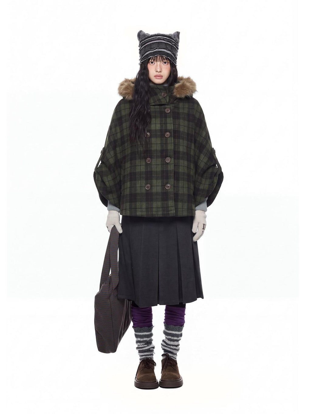 EZEK Faux Fur Trim Hooded Double Breasted Cape Women's Wool Coats
