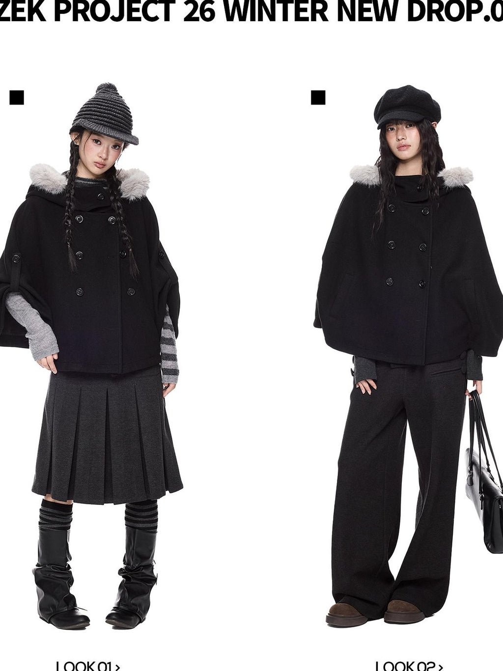 EZEK Faux Fur Trim Hooded Double Breasted Cape Women's Wool Coats