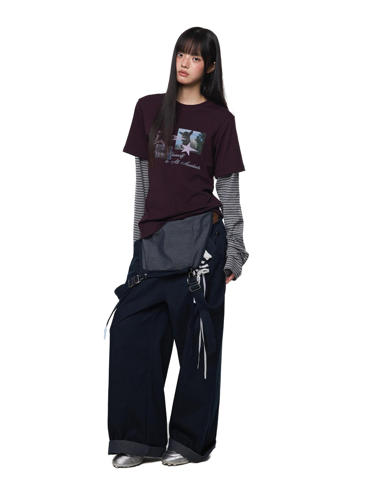 EZEK Faux Layered Graphic Print Striped Women's Cotton Long Sleeve T-shirts