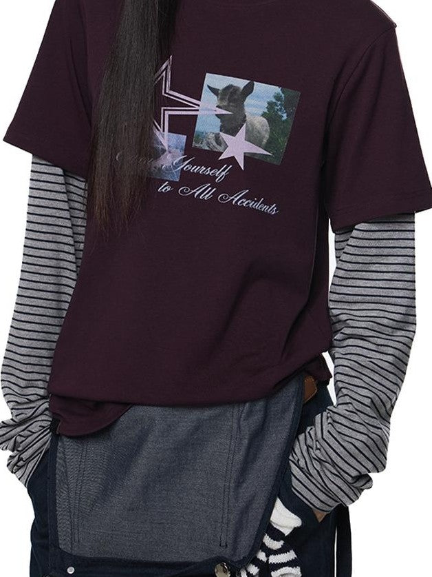 EZEK Faux Layered Graphic Print Striped Women's Cotton Long Sleeve T-shirts