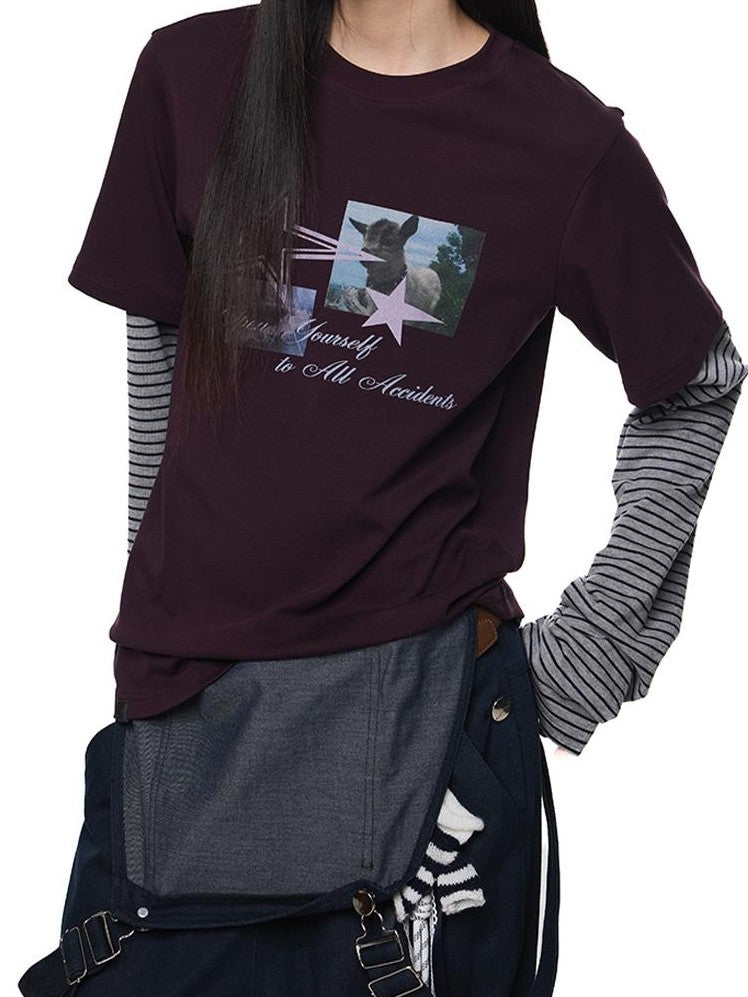 EZEK Faux Layered Graphic Print Striped Women's Cotton Long Sleeve T-shirts