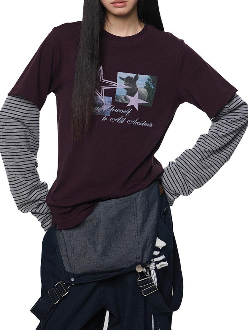 EZEK Faux Layered Graphic Print Striped Women's Cotton Long Sleeve T-shirts