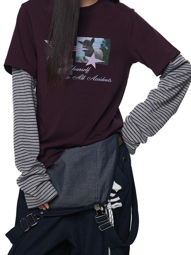 EZEK Faux Layered Graphic Print Striped Women's Cotton Long Sleeve T-shirts