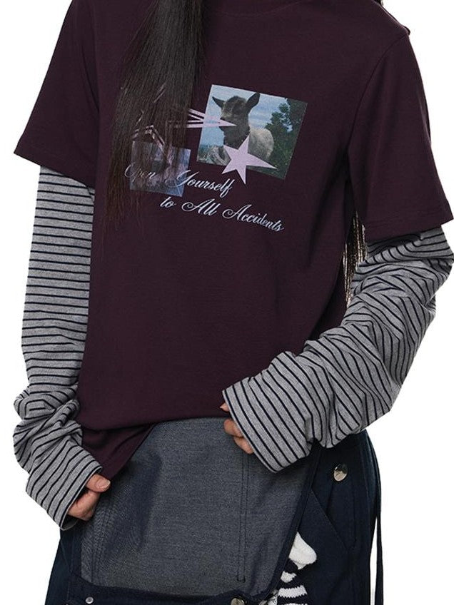 EZEK Faux Layered Graphic Print Striped Women's Cotton Long Sleeve T-shirts