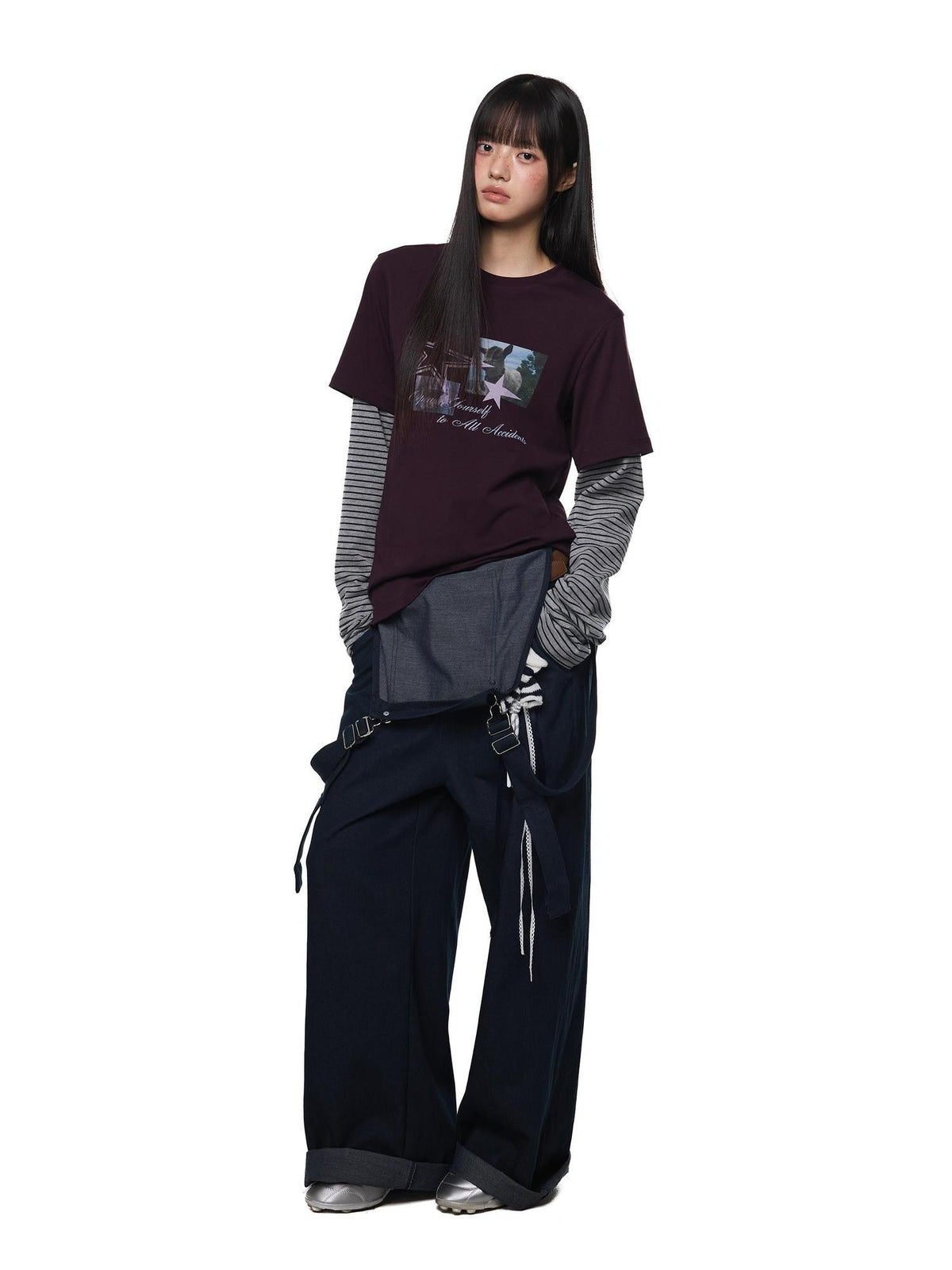 EZEK Faux Layered Graphic Print Striped Women's Cotton Long Sleeve T-shirts