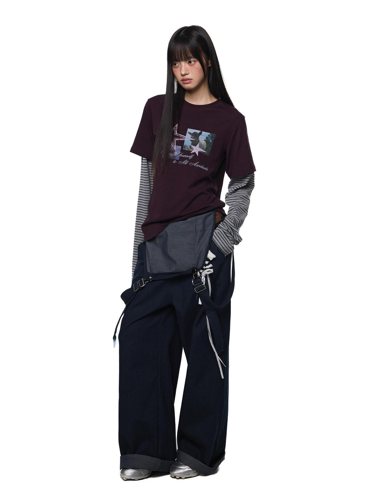 EZEK Faux Layered Graphic Print Striped Women's Cotton Long Sleeve T-shirts