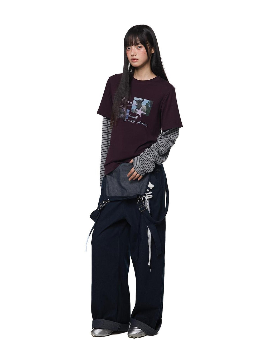EZEK Faux Layered Graphic Print Striped Women's Cotton Long Sleeve T-shirts
