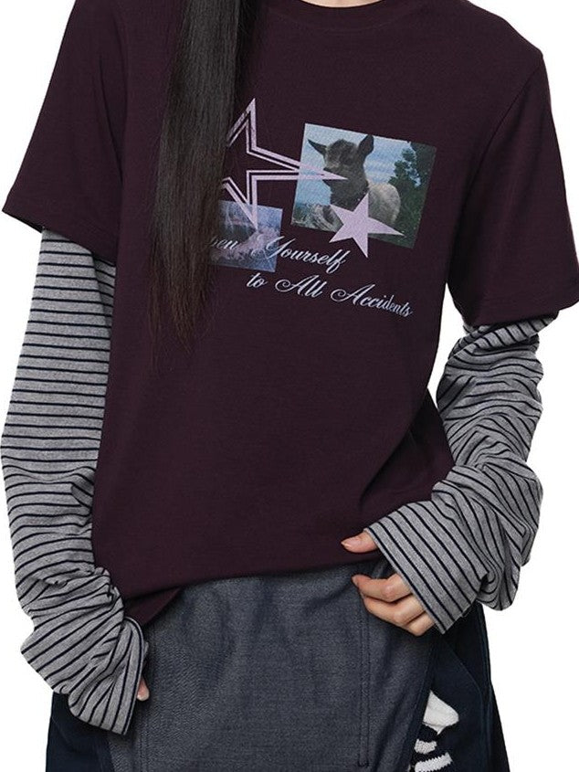 EZEK Faux Layered Graphic Print Striped Women's Cotton Long Sleeve T-shirts