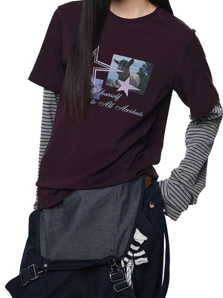 EZEK Faux Layered Graphic Print Striped Women's Cotton Long Sleeve T-shirts