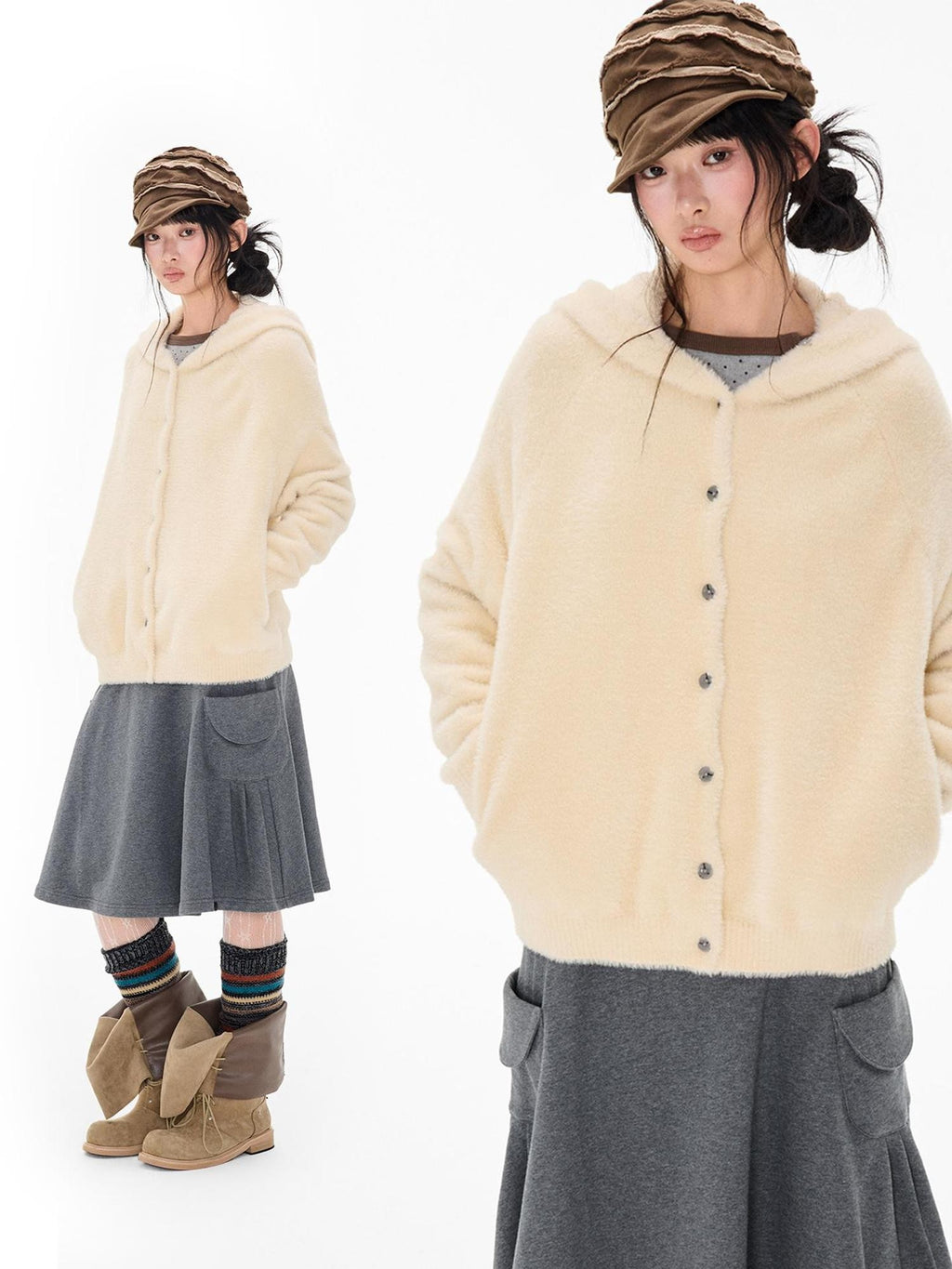 EZEK Faux Mink Color Block Button Knit Hooded Women's Cardigans