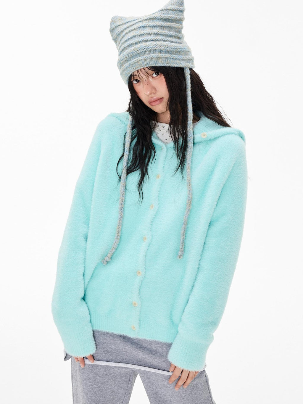 EZEK Faux Mink Color Block Button Knit Hooded Women's Cardigans