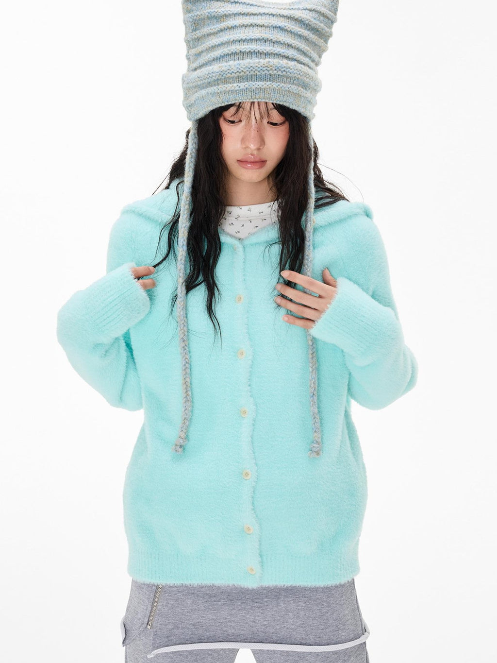 EZEK Faux Mink Color Block Button Knit Hooded Women's Cardigans
