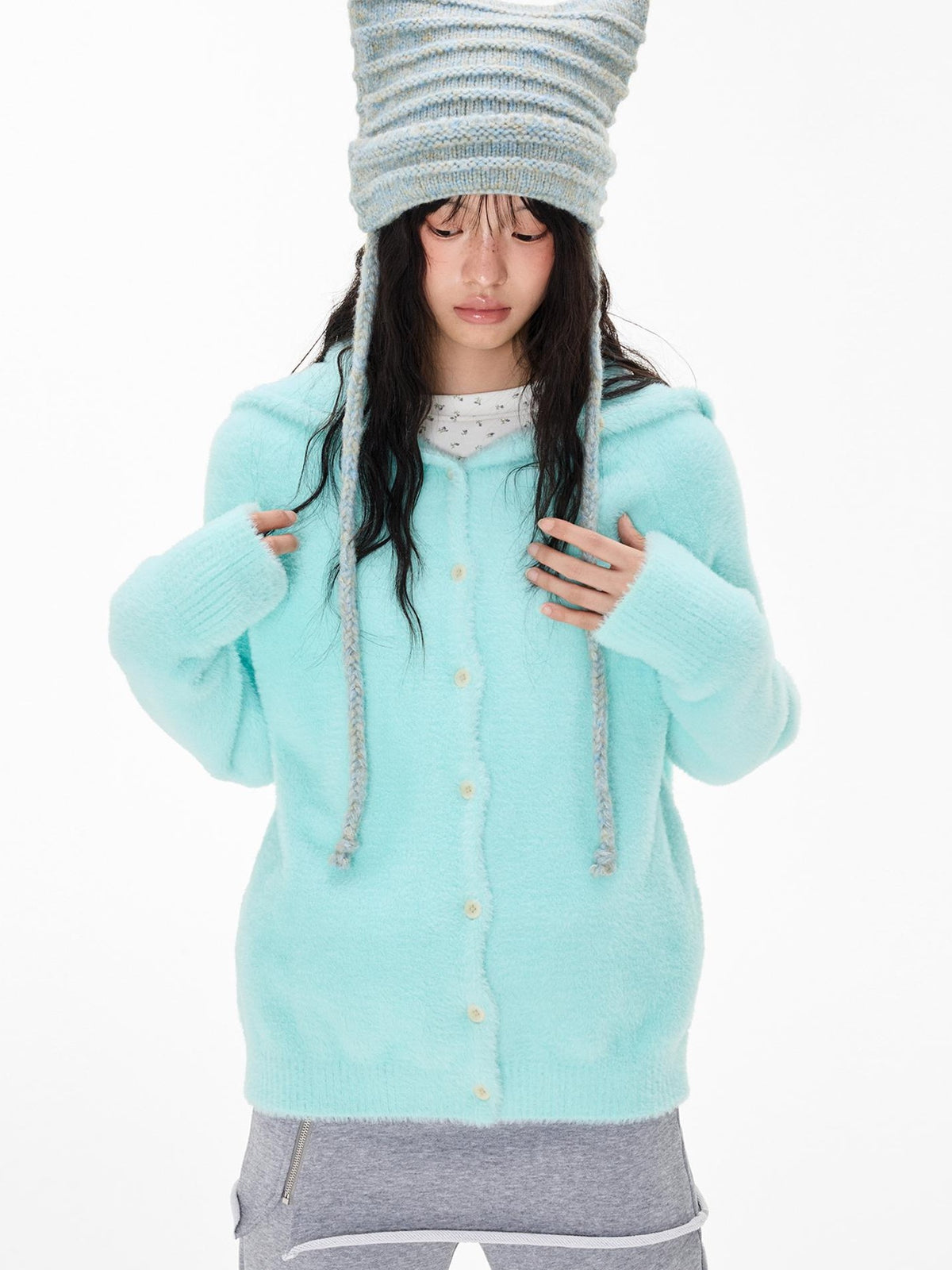 EZEK Faux Mink Color Block Button Knit Hooded Women's Cardigans