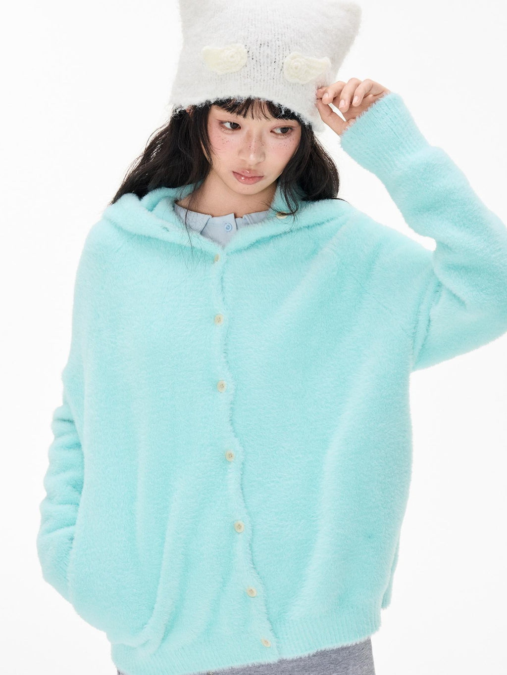 EZEK Faux Mink Color Block Button Knit Hooded Women's Cardigans