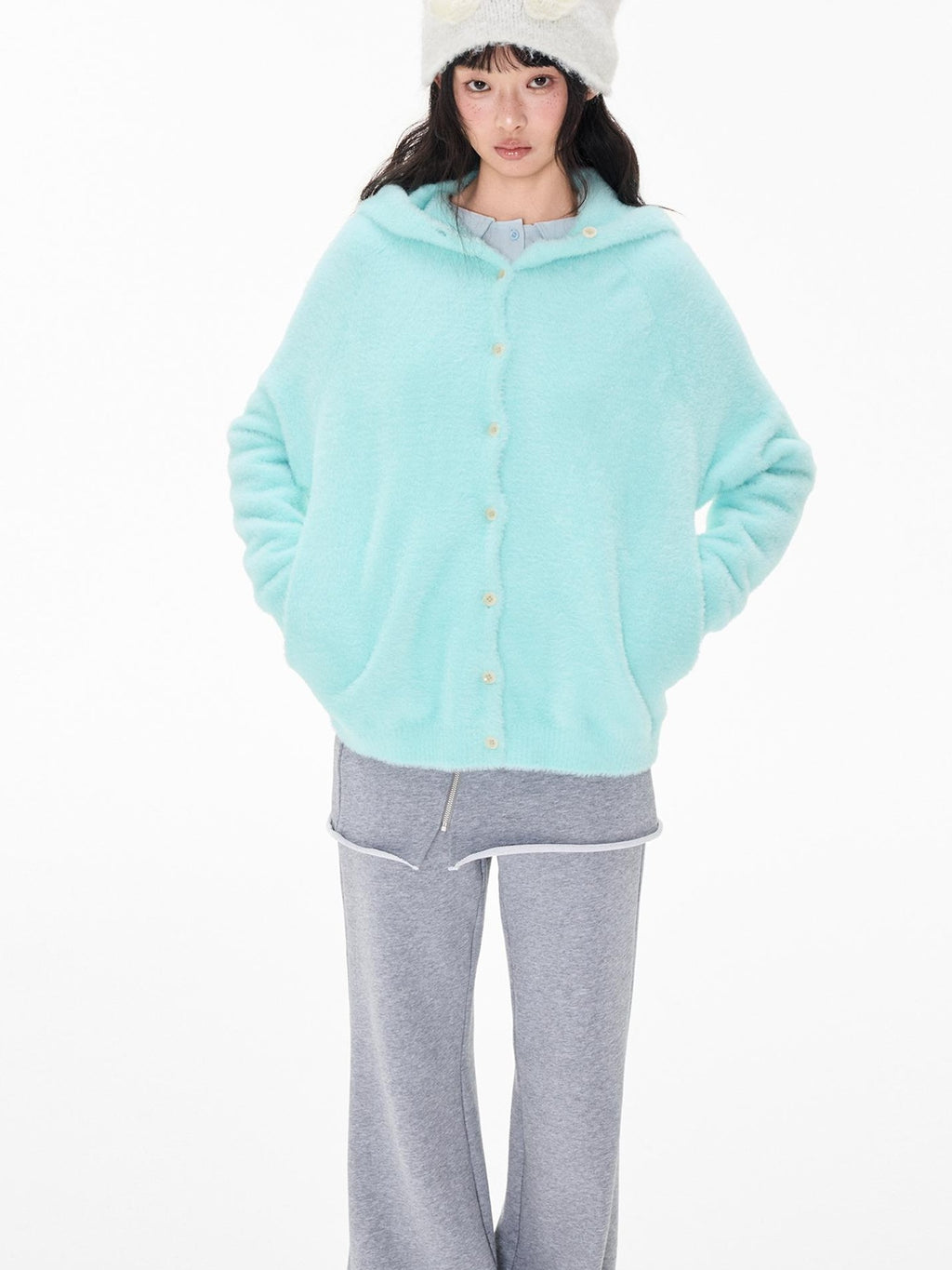 EZEK Faux Mink Color Block Button Knit Hooded Women's Cardigans