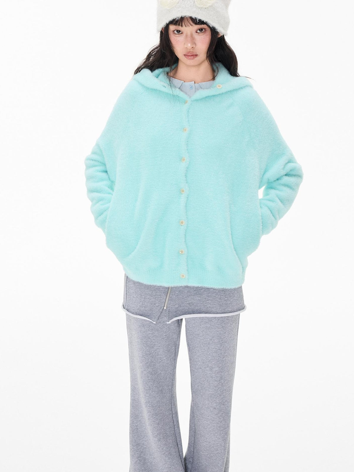 EZEK Faux Mink Color Block Button Knit Hooded Women's Cardigans
