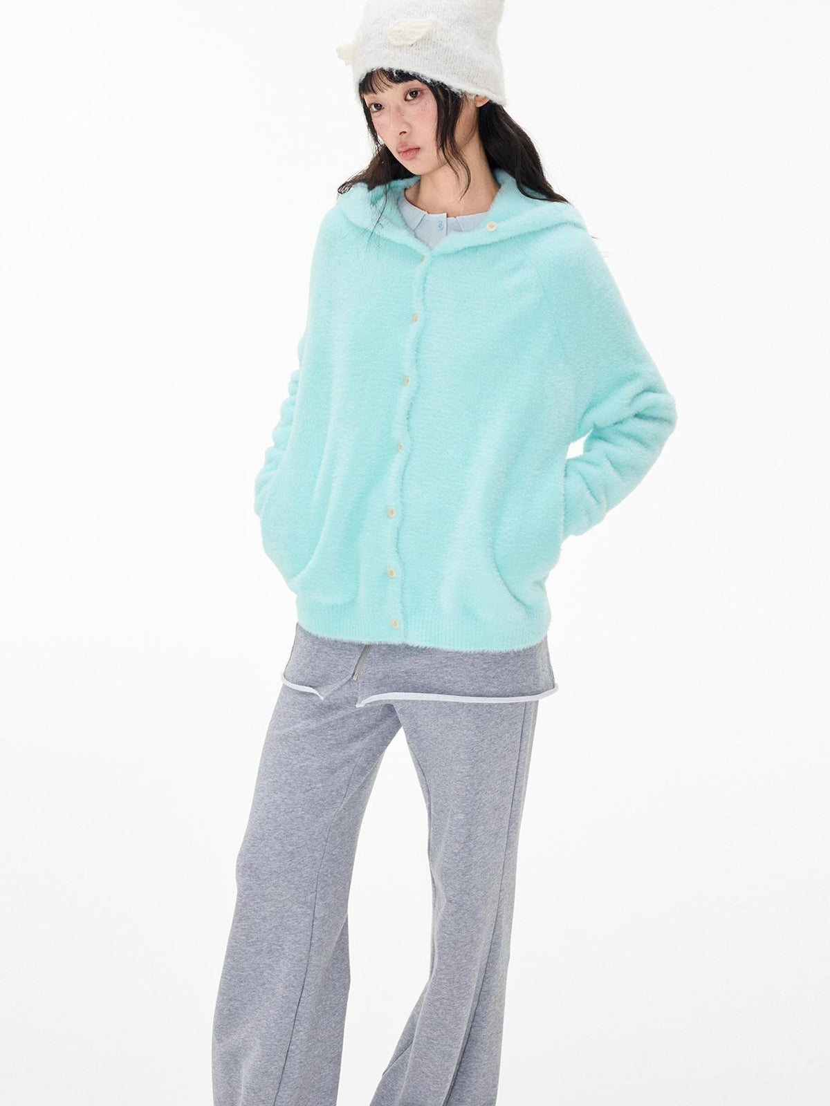 EZEK Faux Mink Color Block Button Knit Hooded Women's Cardigans