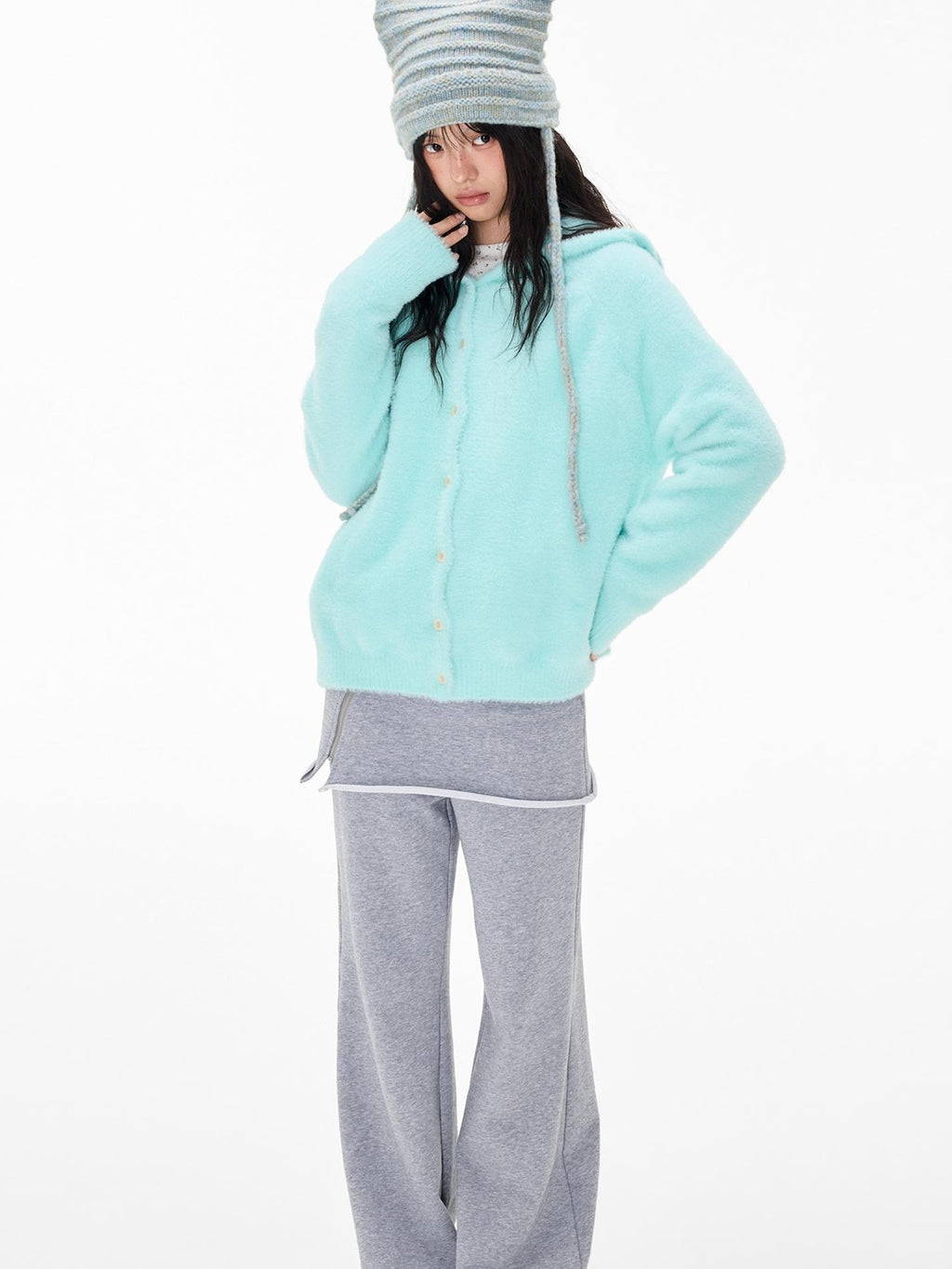 EZEK Faux Mink Color Block Button Knit Hooded Women's Cardigans