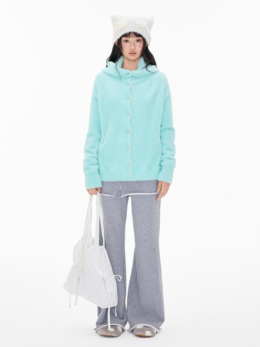 EZEK Faux Mink Color Block Button Knit Hooded Women's Cardigans