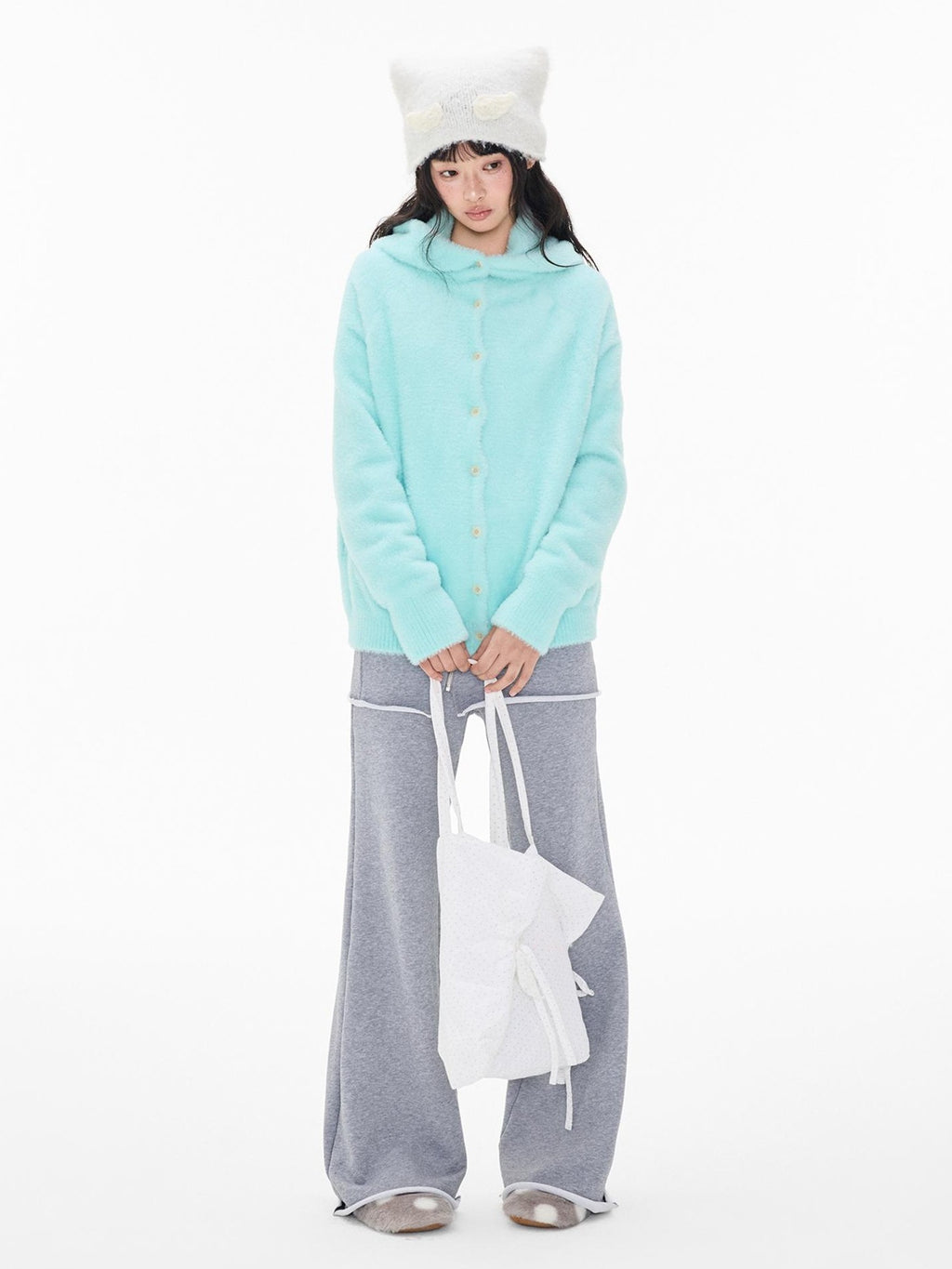 EZEK Faux Mink Color Block Button Knit Hooded Women's Cardigans