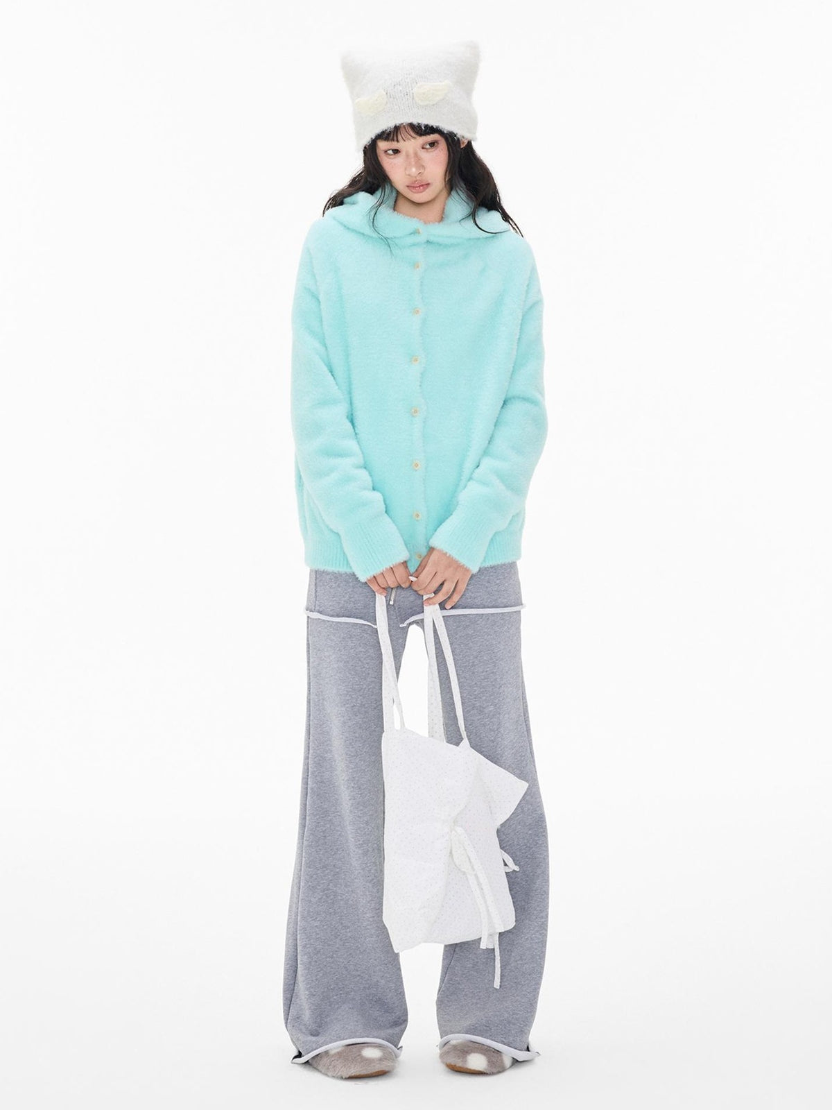EZEK Faux Mink Color Block Button Knit Hooded Women's Cardigans