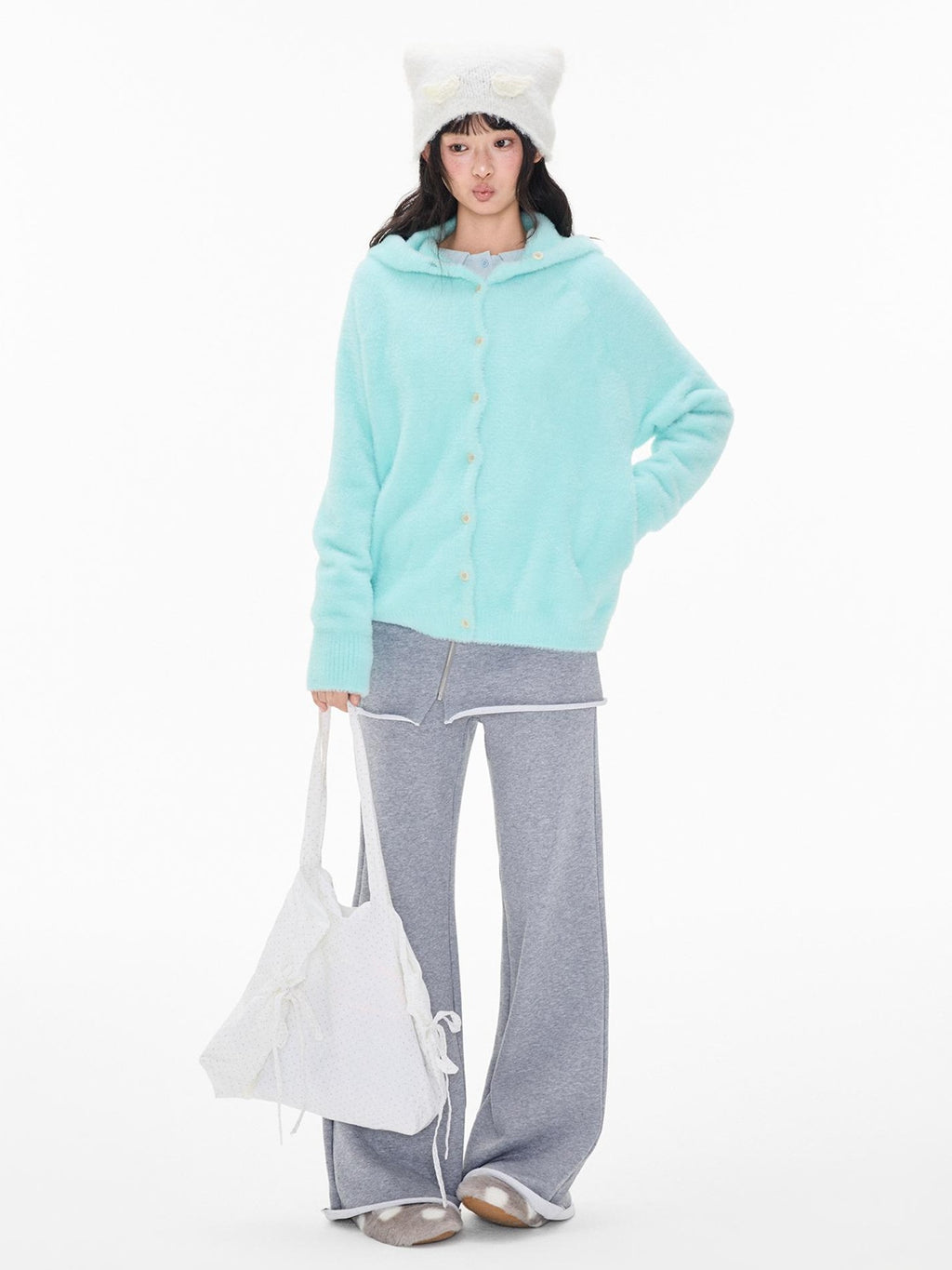 EZEK Faux Mink Color Block Button Knit Hooded Women's Cardigans