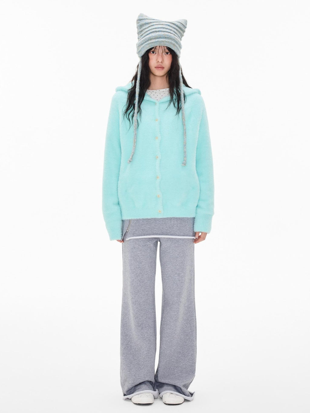 EZEK Faux Mink Color Block Button Knit Hooded Women's Cardigans