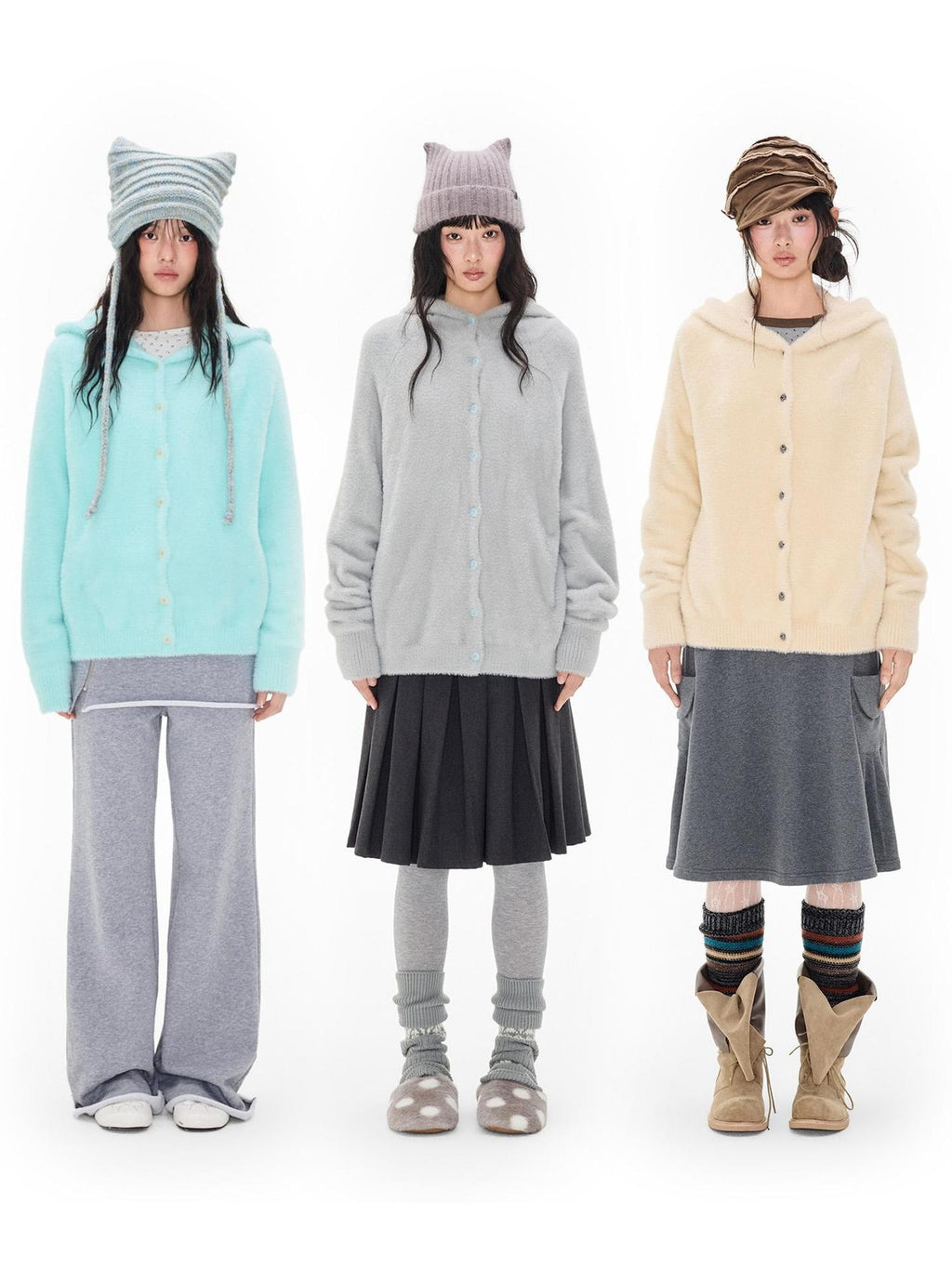 EZEK Faux Mink Color Block Button Knit Hooded Women's Cardigans