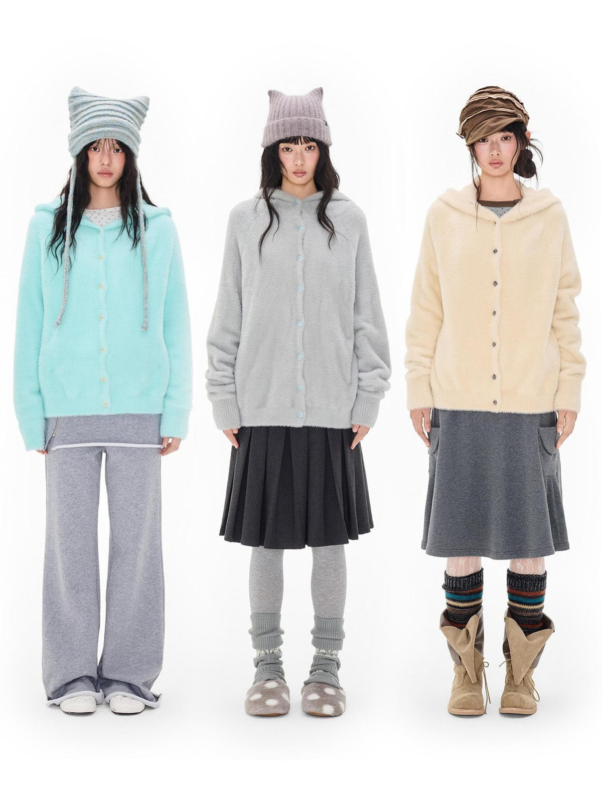 EZEK Faux Mink Color Block Button Knit Hooded Women's Cardigans