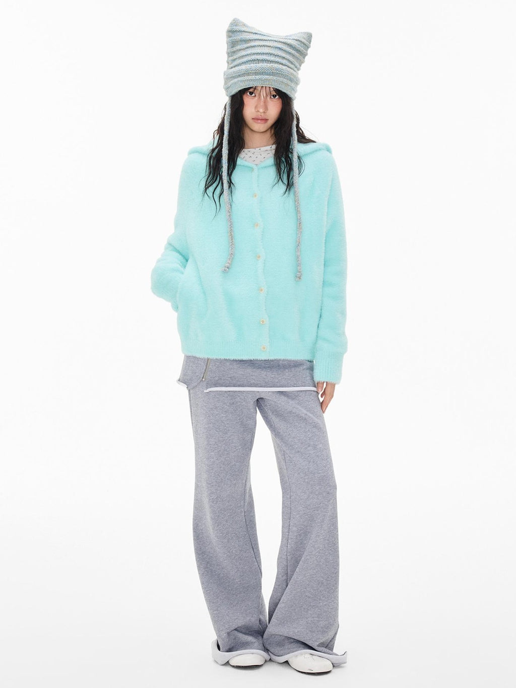 EZEK Faux Mink Color Block Button Knit Hooded Women's Cardigans