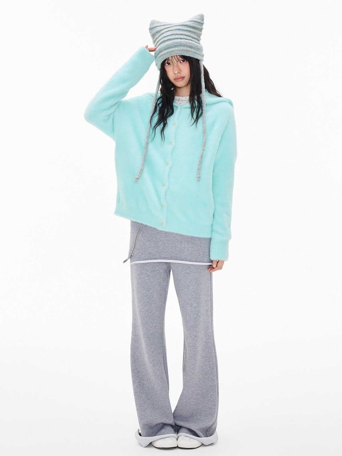 EZEK Faux Mink Color Block Button Knit Hooded Women's Cardigans