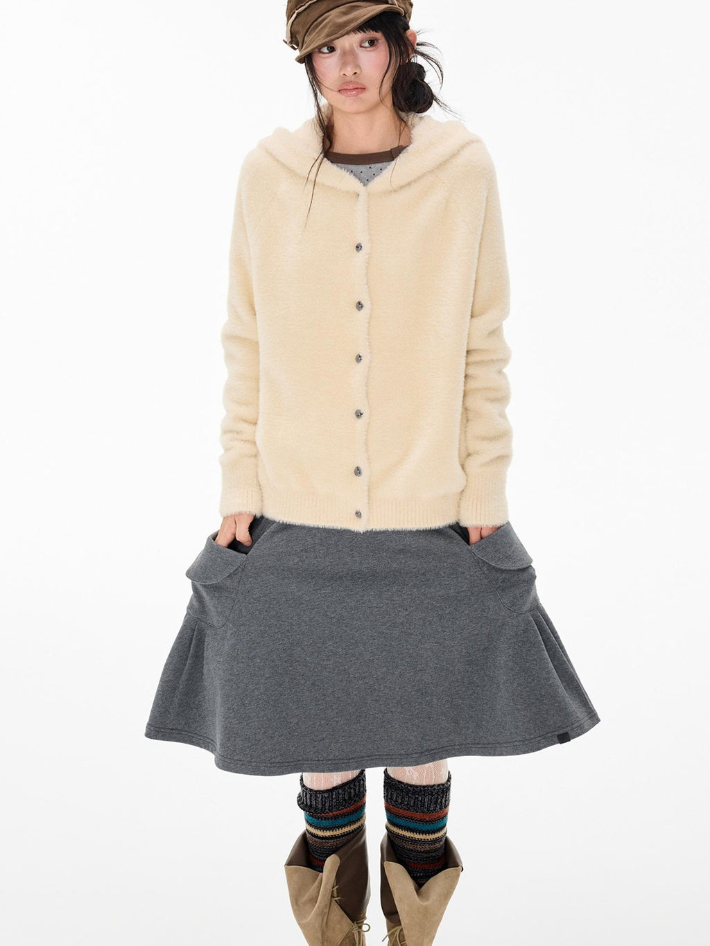 EZEK Faux Mink Color Block Button Knit Hooded Women's Cardigans