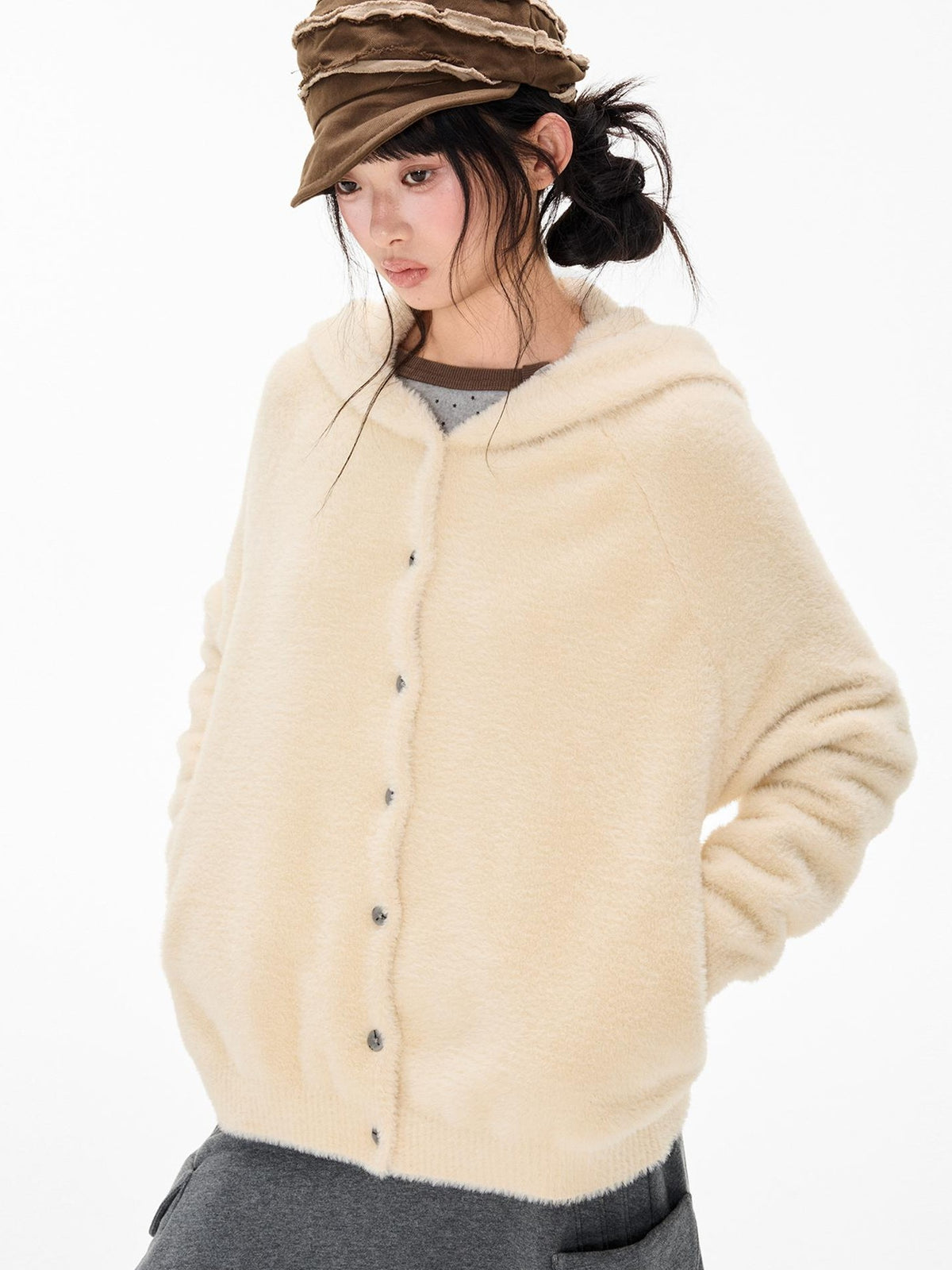 EZEK Faux Mink Color Block Button Knit Hooded Women's Cardigans