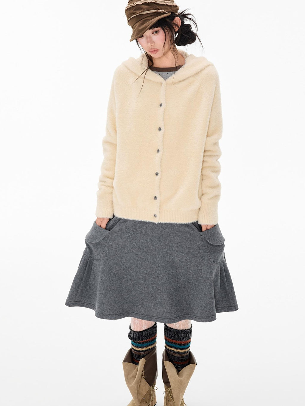 EZEK Faux Mink Color Block Button Knit Hooded Women's Cardigans
