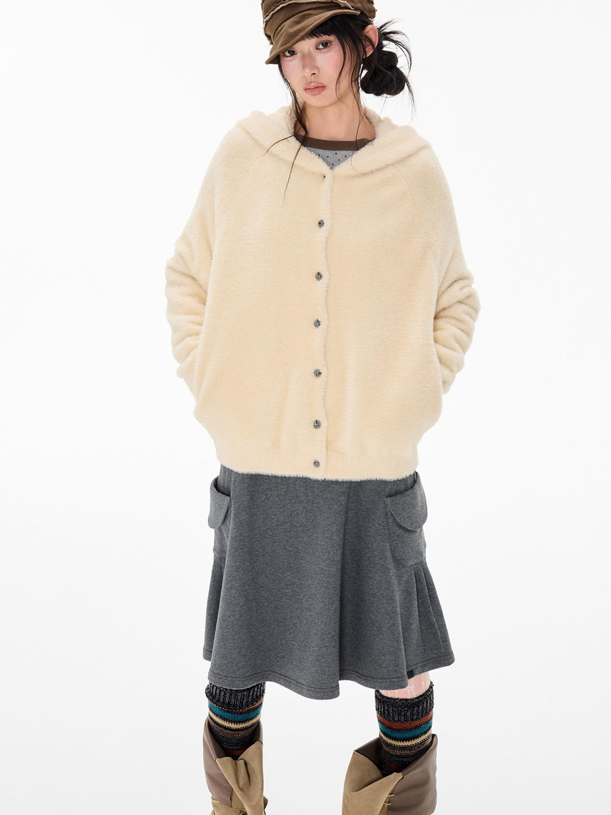 EZEK Faux Mink Color Block Button Knit Hooded Women's Cardigans