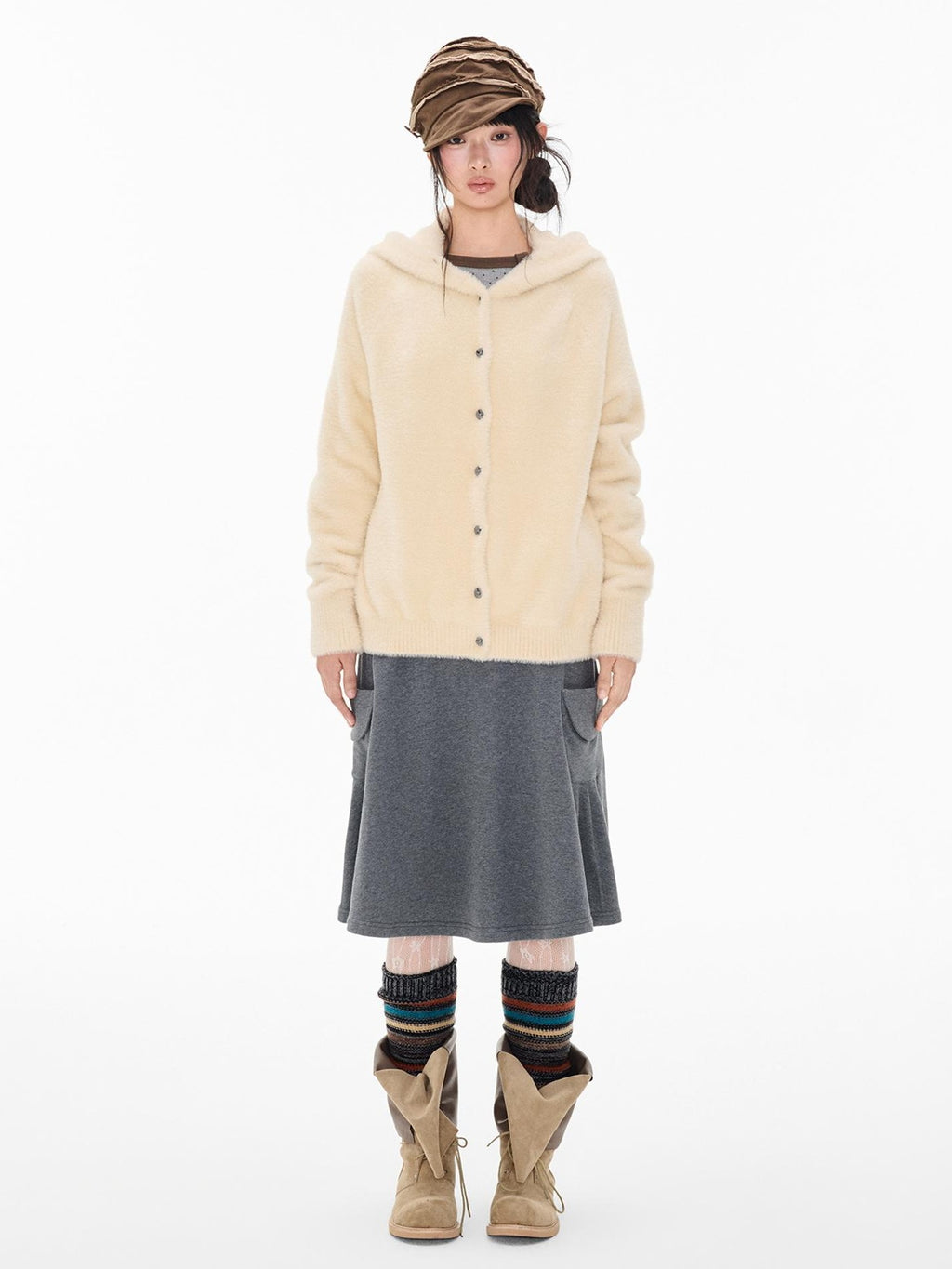 EZEK Faux Mink Color Block Button Knit Hooded Women's Cardigans