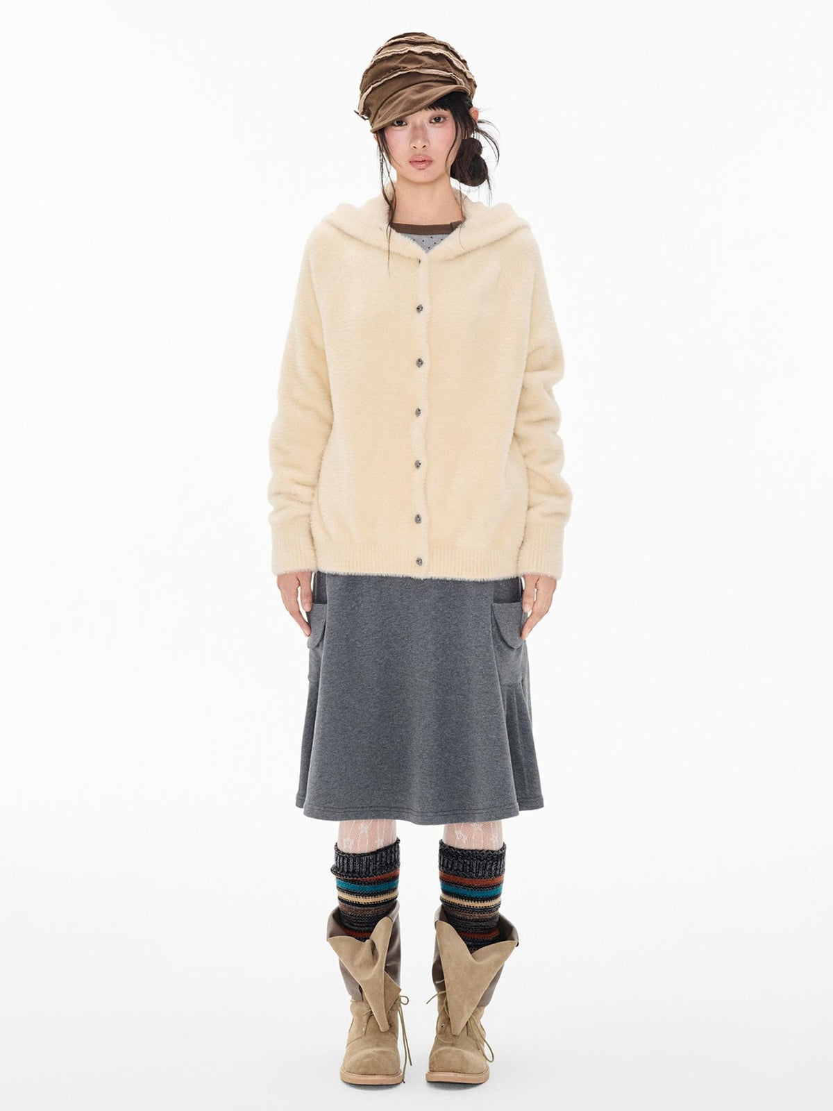 EZEK Faux Mink Color Block Button Knit Hooded Women's Cardigans