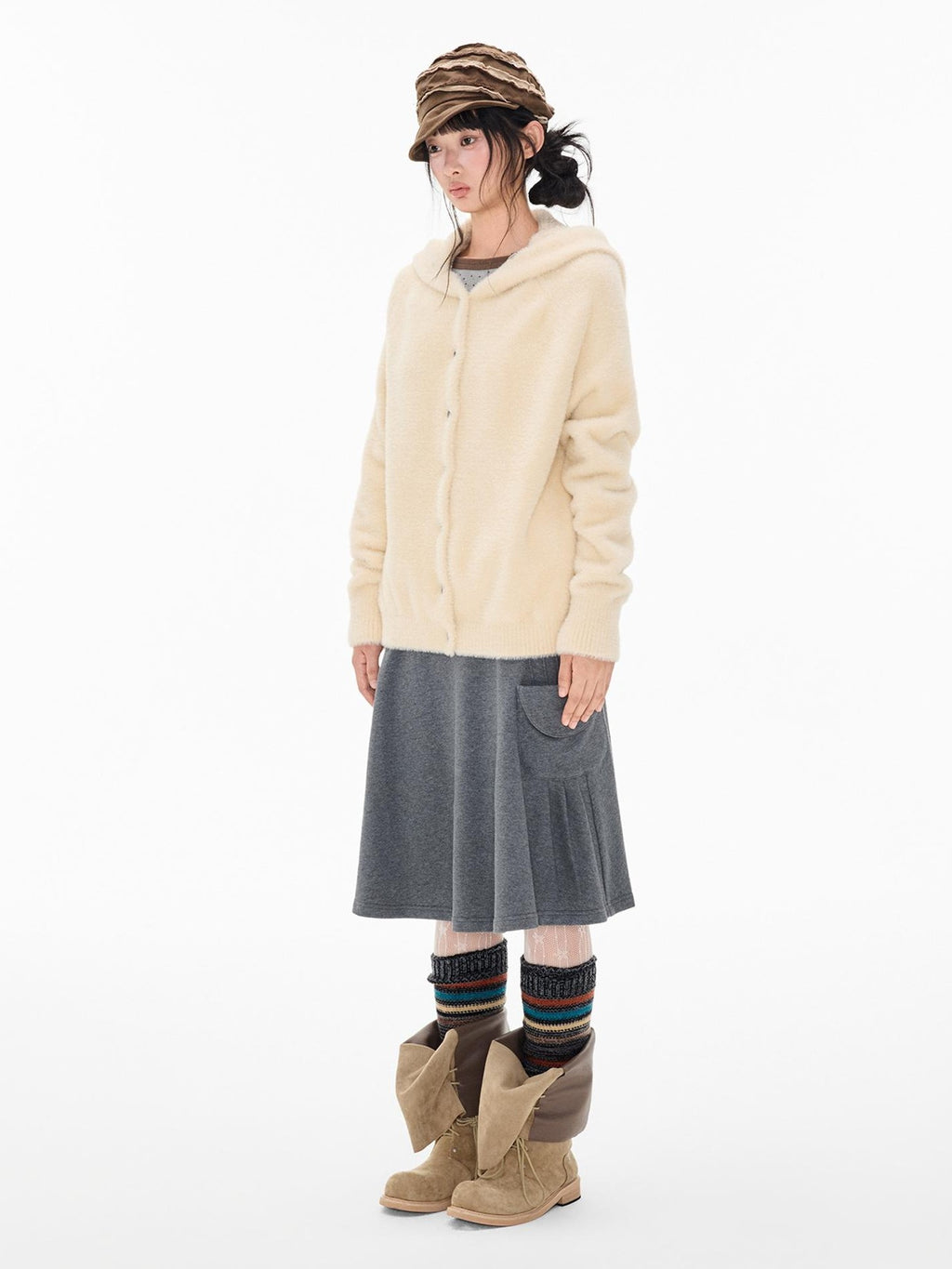 EZEK Faux Mink Color Block Button Knit Hooded Women's Cardigans