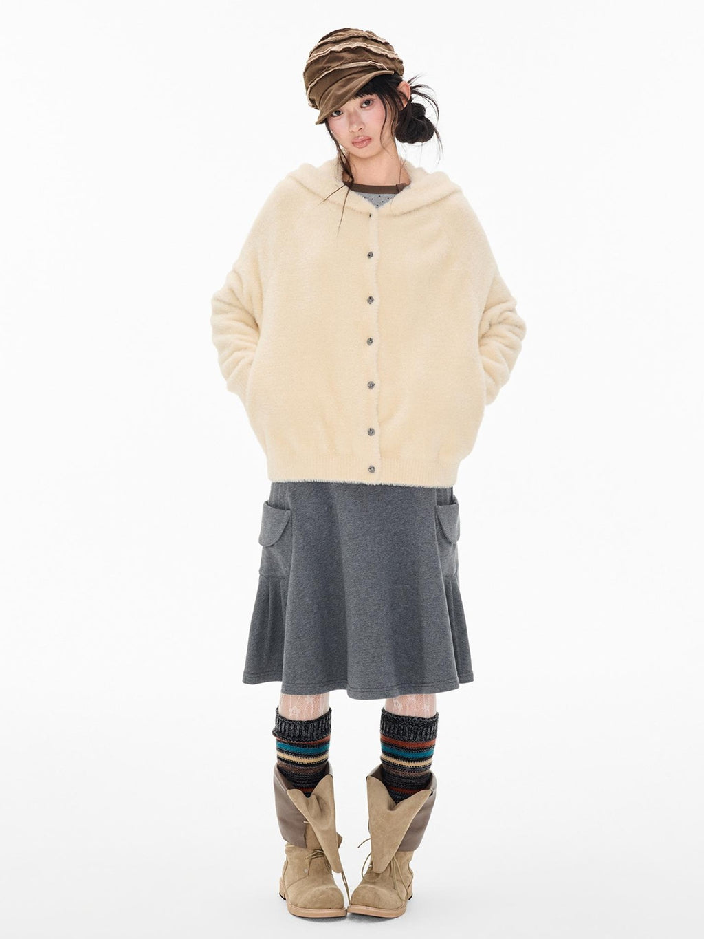 EZEK Faux Mink Color Block Button Knit Hooded Women's Cardigans