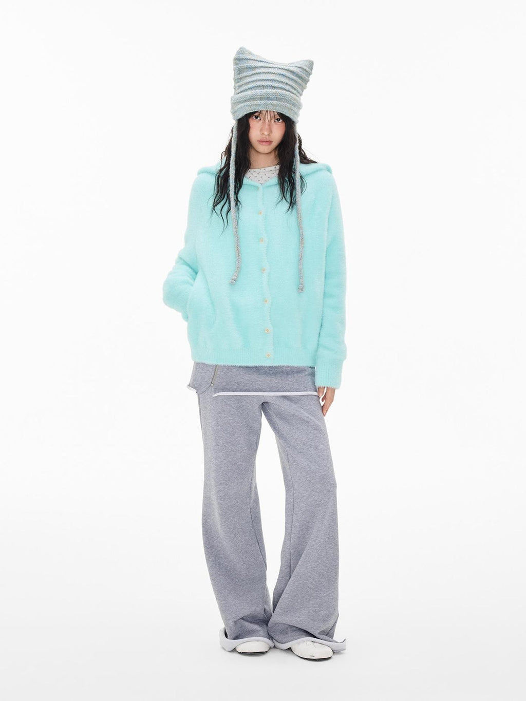 EZEK Faux Mink Color Block Button Knit Hooded Women's Cardigans